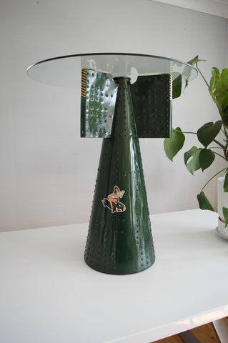 Green bomb fin side table – aviation-inspired metal accent table with glass top