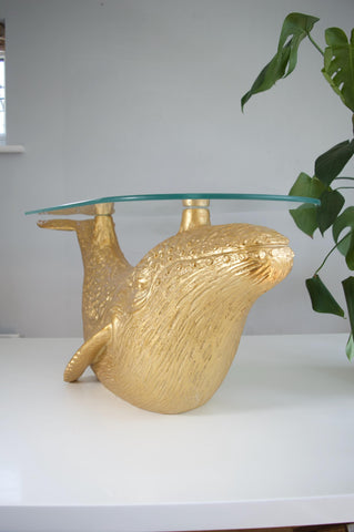 Gold Whale Coffee Table with Glass Top, Nautical Decor