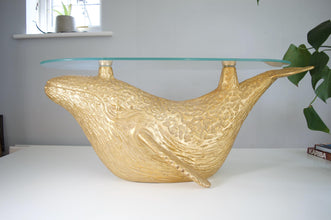 Gold Whale Coffee Table with Glass Top, Nautical Decor